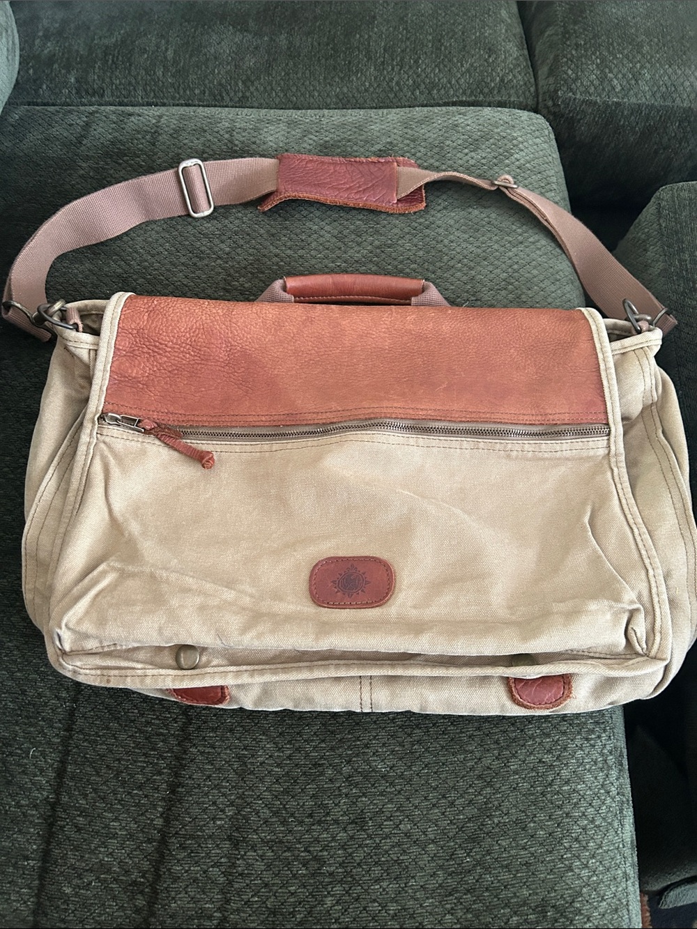 The Territory Ahead Canvas Messenger Bag in Tan and Brown Leather Trim